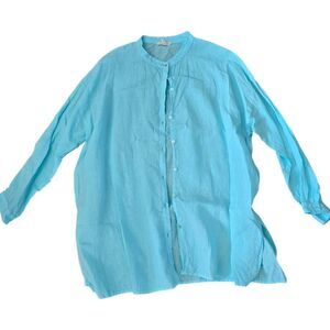 Eileen Fisher Linen Mandarin Collar Shirt Womens XL Blue Long Sleeve Button-Down